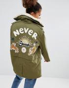 Pull & Bear Fleece Collar And Back Applique Parka - Green