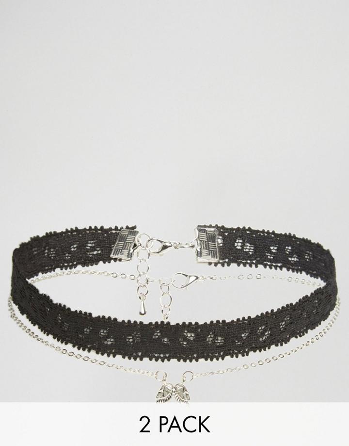 Asos Pack Of 2 Wing & Lace Choker Necklaces - Multi