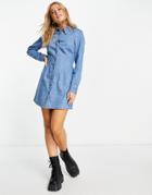 Asos Design Denim Fitted Shirt Dress In Midwash-blues