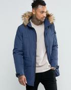 Asos Parka Jacket In Navy With Faux Fur Trim - Navy