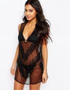 Asos Beaded Leaf Embroidered Mesh Beach Cover Up - Black