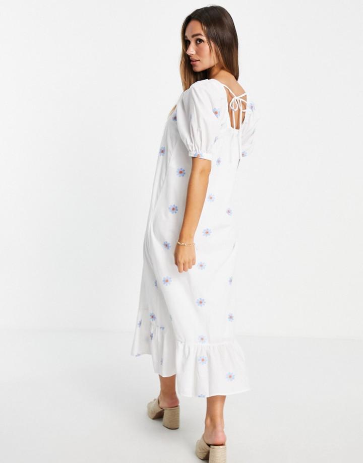 Vila Midi Dress With Puff Sleeves In White With Blue Embroidered Flowers-multi