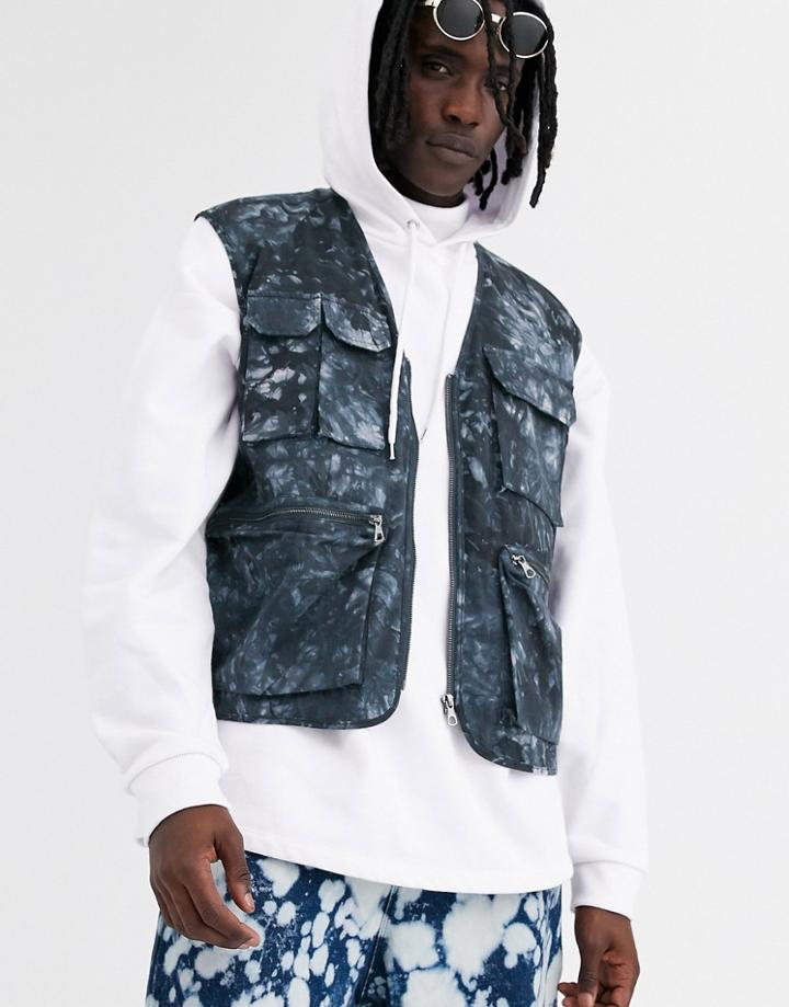Asos Design Utility Vest In Tie Dye Print Dark Blue