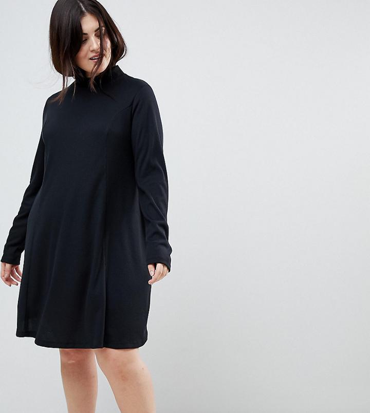 Asos Curve Swing Dress In Rib With Turtleneck & Long Sleeve - Black