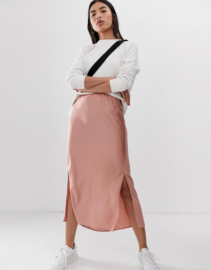 Asos Design Bias Cut Satin Midi Skirt With Splits-pink
