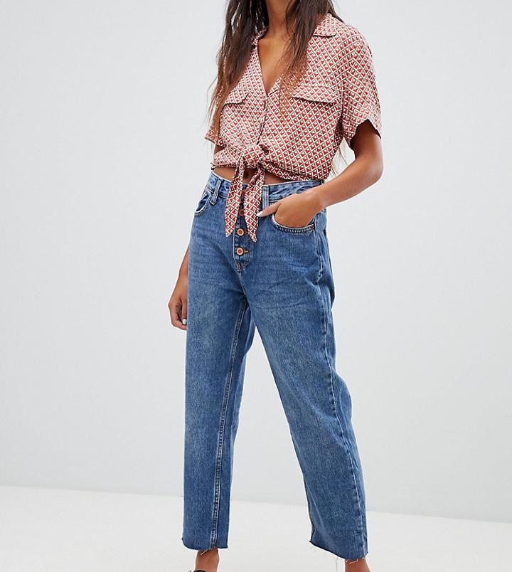 Bershka 4 Button Detail Straight Leg In Blue