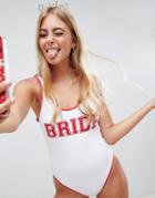 Asos Design Bride Slogan Swimsuit With Contrast Bind In White - White