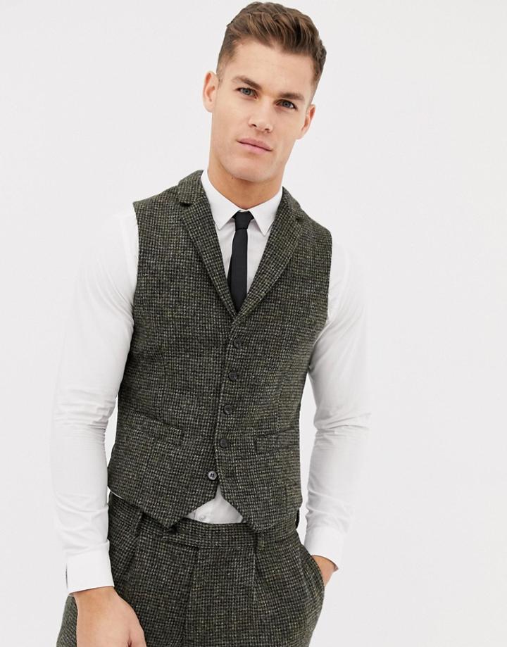 Asos Design Slim Suit Vest In 100% Wool Harris Tweed Khaki Micro Check-green