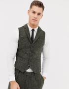 Asos Design Slim Suit Vest In 100% Wool Harris Tweed Khaki Micro Check-green