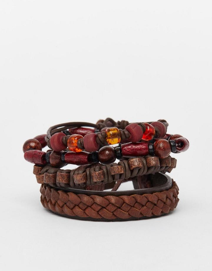 Asos Leather Bracelet Pack In Brown And Red - Brown
