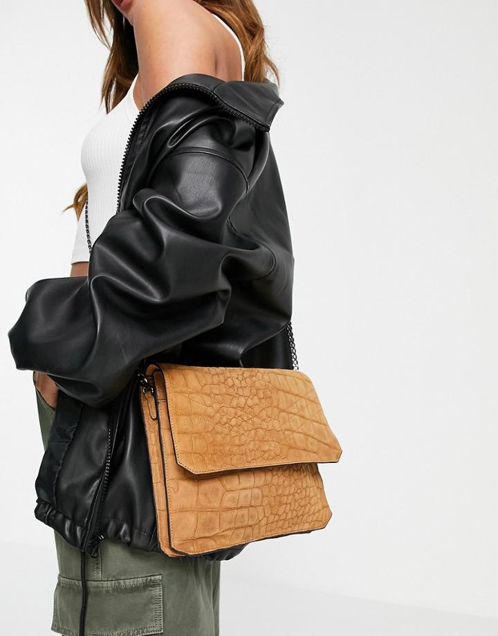 Urbancode Leather Suede Croc Print Crossbody Bag In Tan-brown