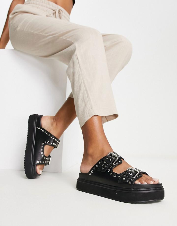 River Island Studded Double Buckle Sling Back Flat Sandal In Black
