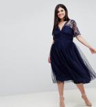 Asos Curve Lace Top Midi Dress With Ruched Bodice - Navy