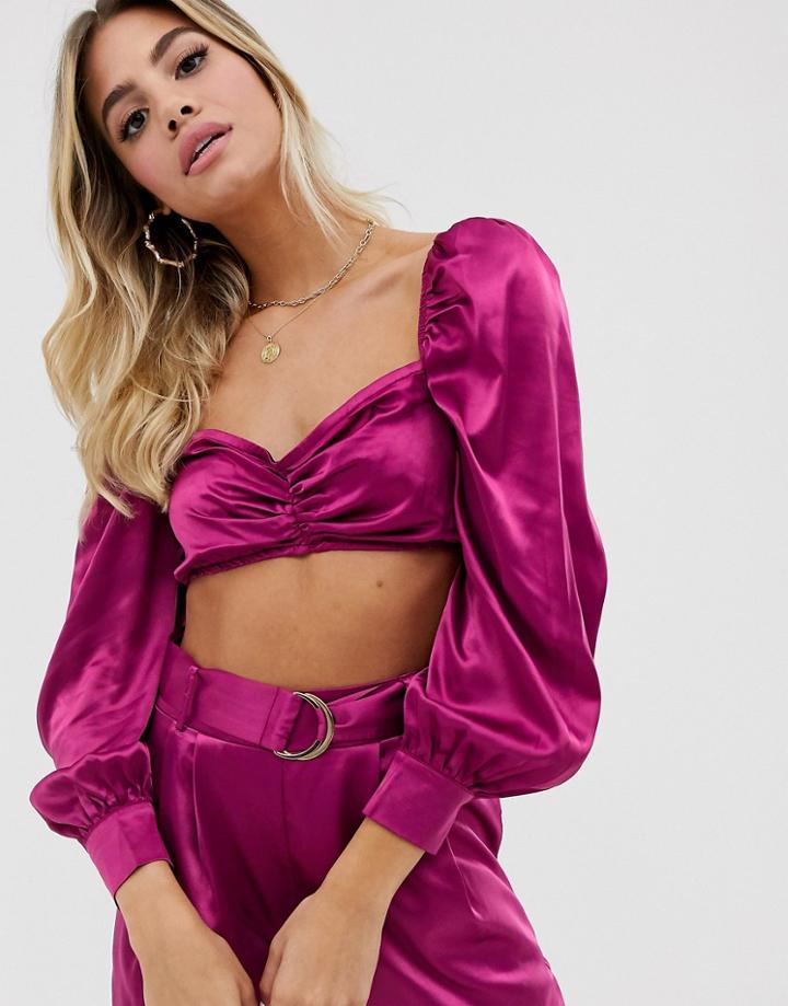 In The Style Satin Button Front Bardot Crop Top In Raspberry - Red