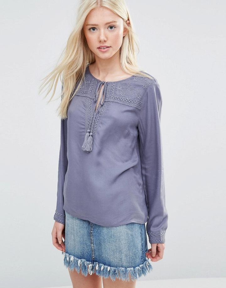 Vila Boho Top With Tassle Tie - Gray