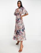 Little Mistress Flutter Sleeve Maxi Dress In Ditsy Floral-multi