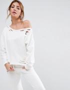 Asos Lounge Ripped Raw Edge Off The Shoulder Sweat - White