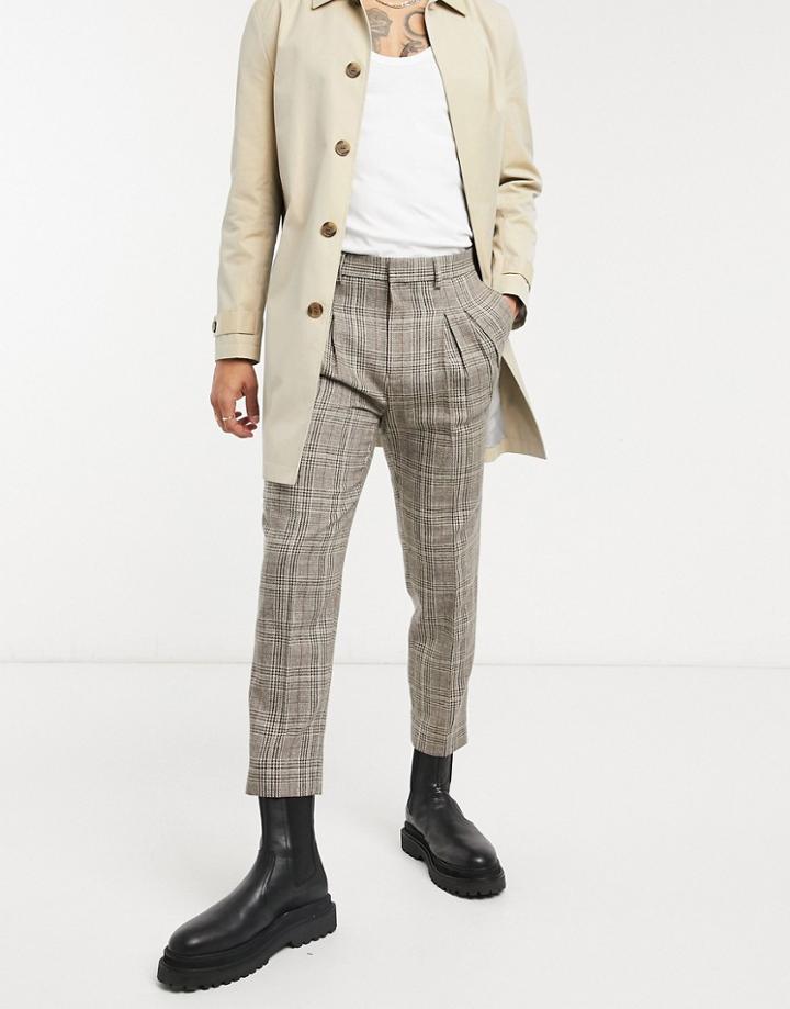 Asos Design Tapered Cropped Smart Pants In Check With Double Pleat-neutral