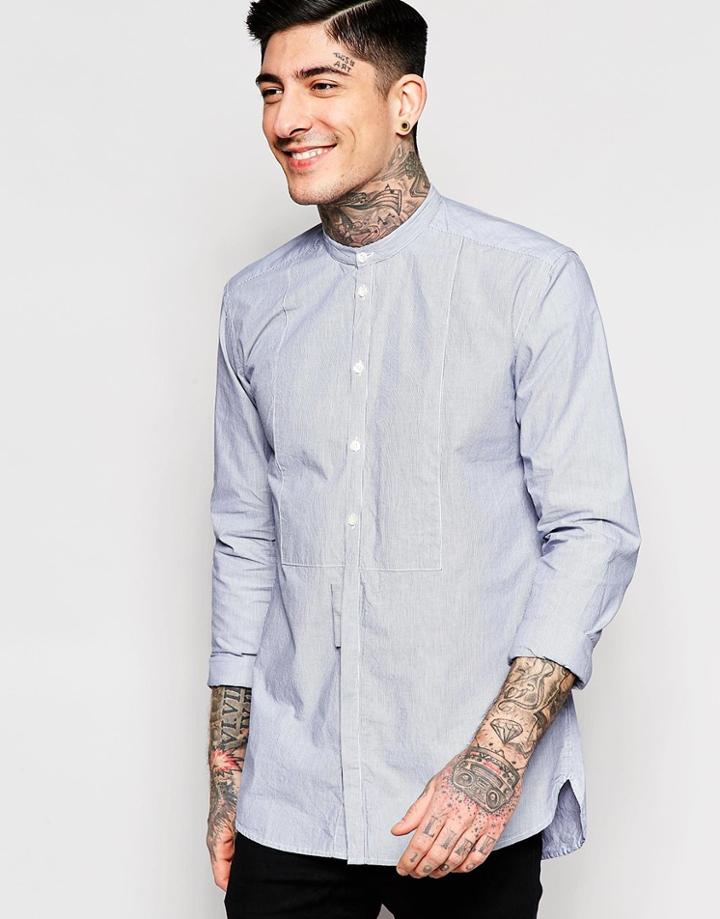 Minimum Shirt With Grandad Collar & Stripe - Navy Blazer