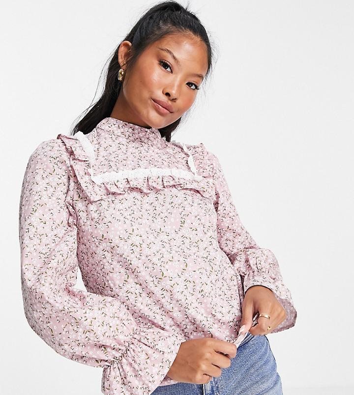 Miss Selfridge Petite Poplin Victoriana Blouse In Floral Print-multi