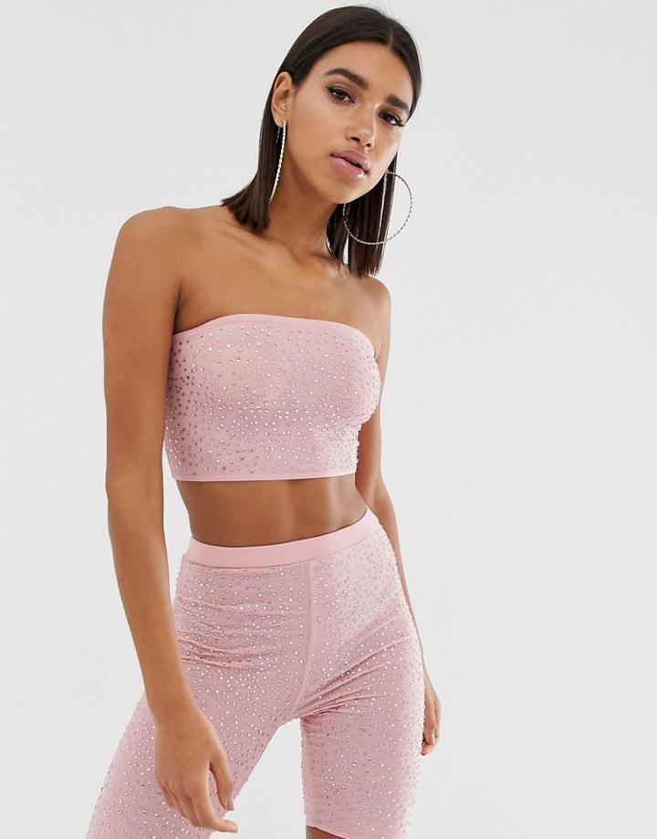 Asos Design Two-piece Crystal Stud Embellished Mesh Bandeau-pink