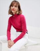 Esprit High Neck Zip Up Jersey Top In Pink - Red