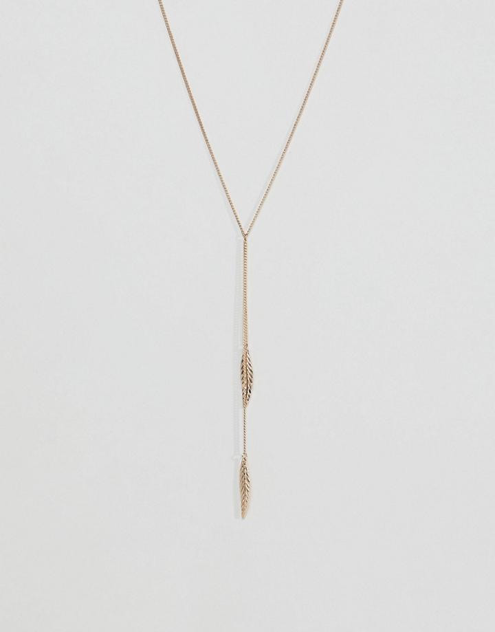 Asos Design Feather Lariat Necklace In Gold - Gold