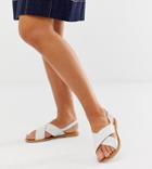 Asos Design Wide Fit Valid Leather Cross Strap Flat Sandals - White