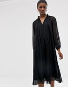 Asos Design Pleated Trapeze Midi Dress With Long Sleeves-black