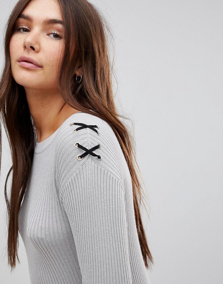 Brave Soul Taboo Sweater With Lace Up Shoulder Detail - Gray