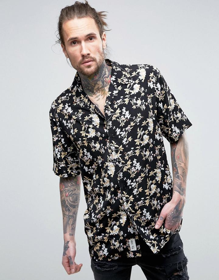 Roadies Of 66 Black Floral Printed Reverie Collar Short Sleeve Shirt - Black