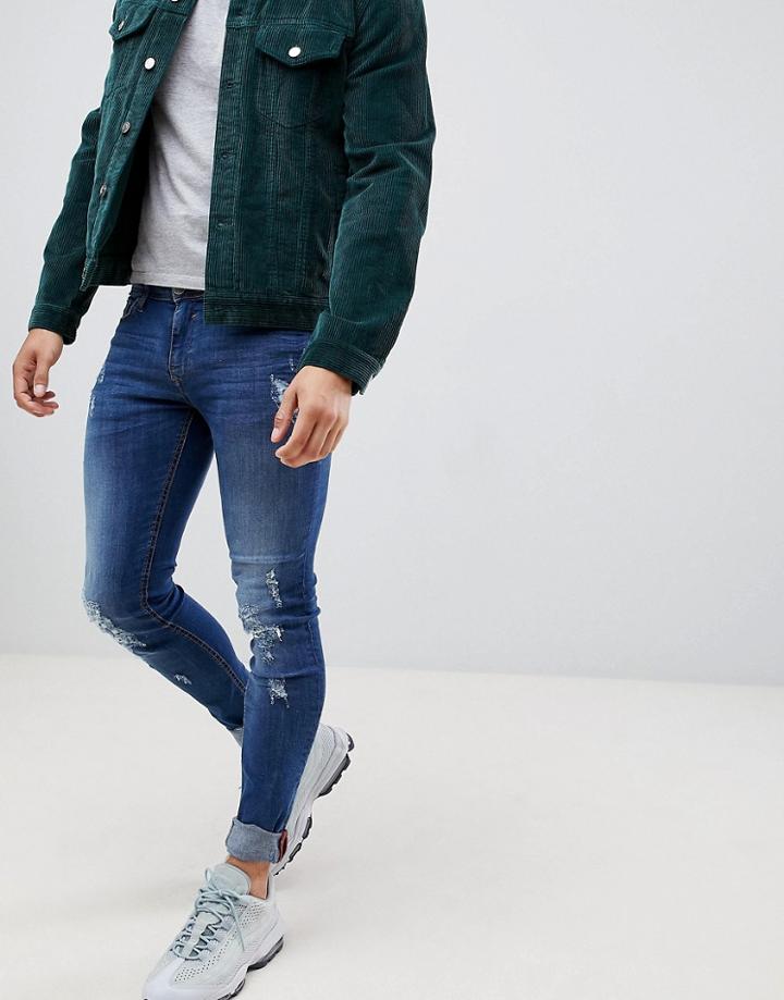 Blend Super Skinny Jeans With Rip And Repair Hawaiian Printed Patch - Blue