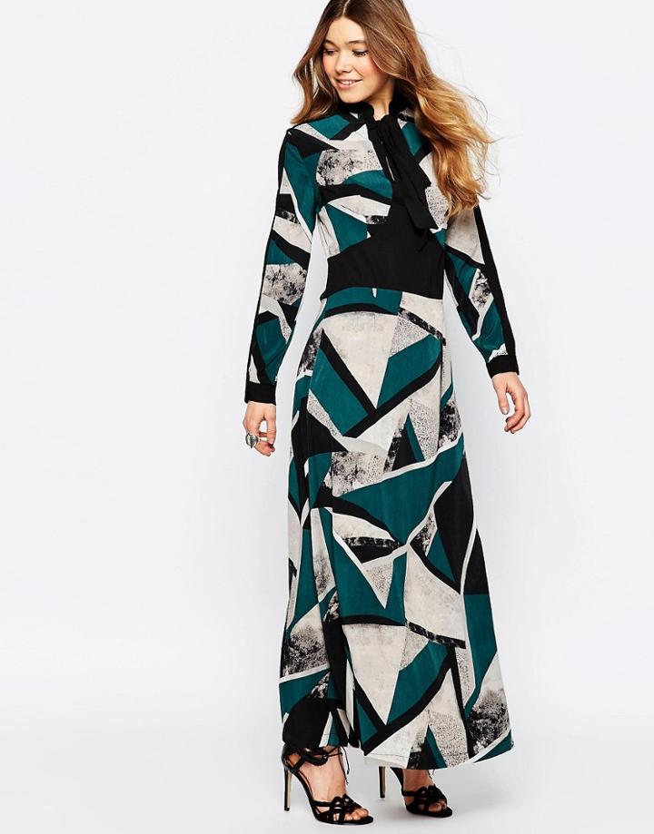 Liquorish Maxi Dress With Pussybow In Geo Print