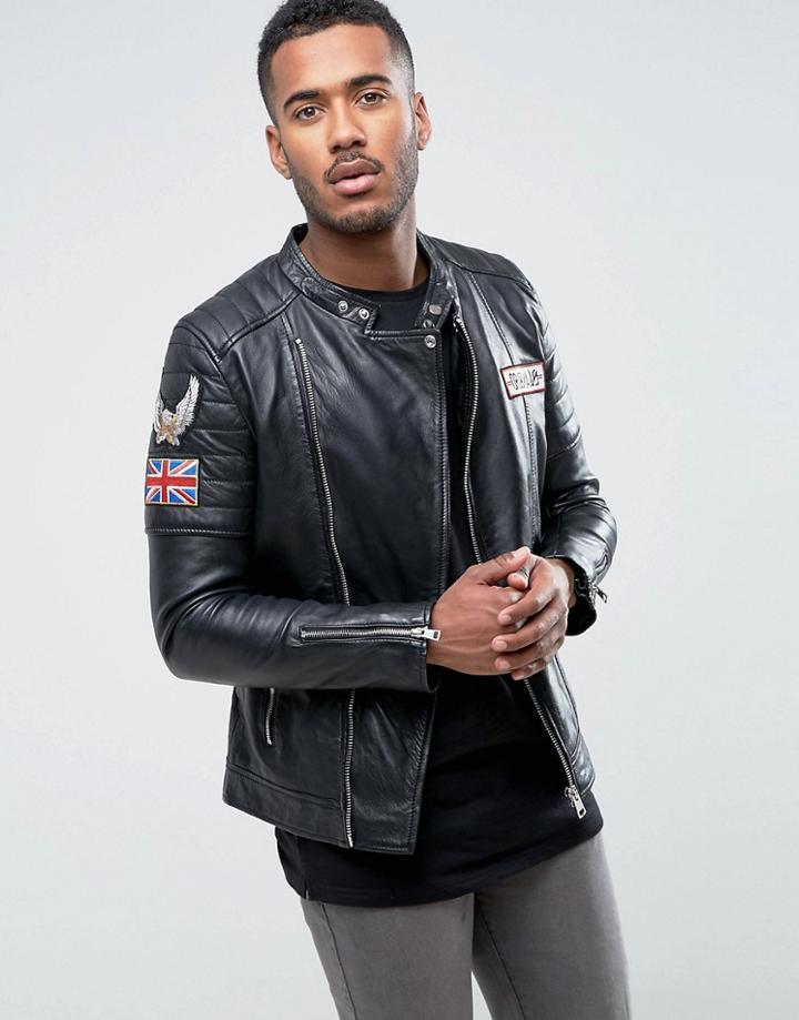 Barneys Leather Biker Jacket With Badges - Black