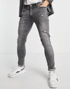 Jack & Jones Intelligence Liam Skinny Jeans With Abrasions In Gray-grey