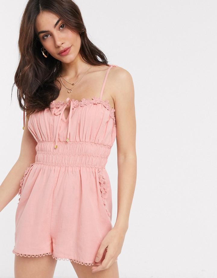 River Island Floral Trim Pleated Romper In Pink