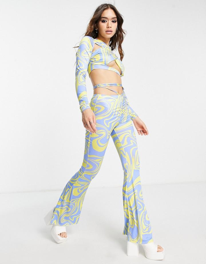 Wavey Flared Deep V Pants In Multi Wave Print - Part Of A Set