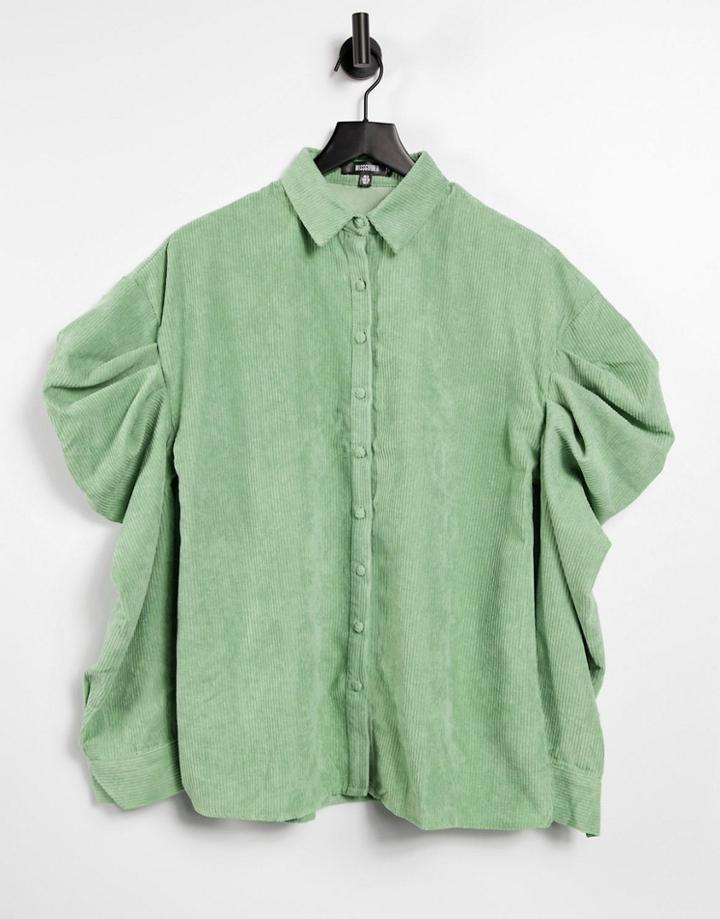 Missguided Oversized Cord Shirt With Volume Sleeve In Sage-green