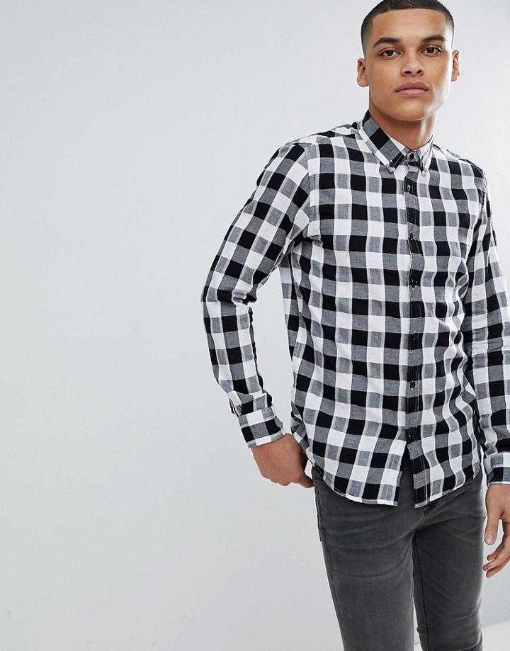 Pull & Bear Regular Fit Poplin Shirt In Black And White Check - Blue