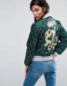 Asos Premium Quilted Bomber Jacket With Dragon Embroidery - Multi