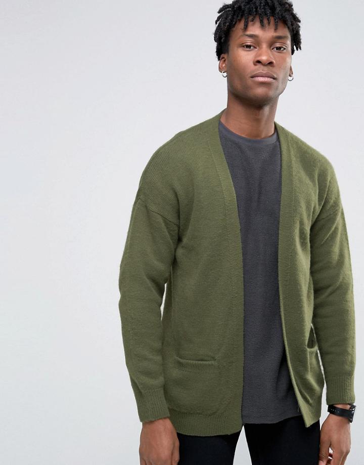 Asos Longline Cardigan In Brushed Yarn - Green