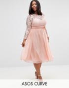 Asos Curve Wedding Midi Dress With Lace And Bow Detail - Pink