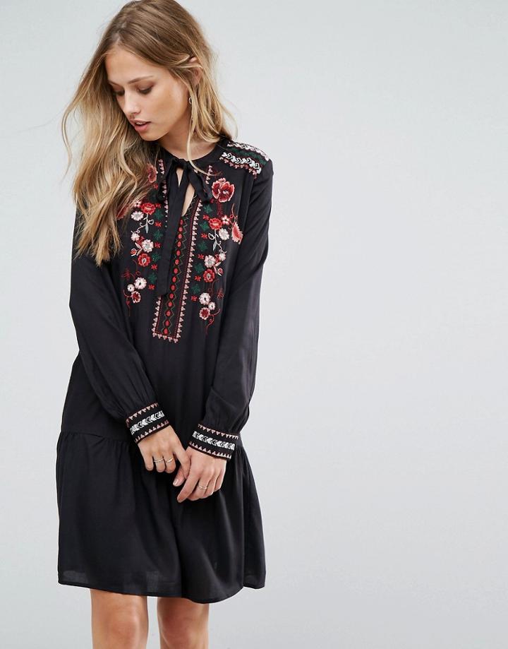 Vero Moda Embroidered Tie Neck Dress - Black
