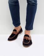 Asos Design Loafers In Navy Suede With Tan Leather Contrast Panels - Navy