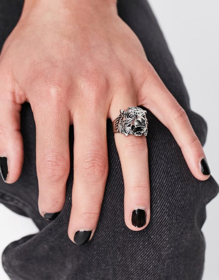 Asos Design Chunky Fashion Ring With Lions Head In Burnished Silver