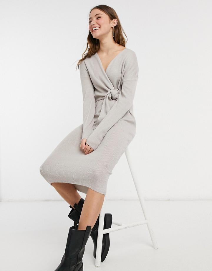 Style Cheat Loren Wrap Knit Midi Dress With Tie In Gray-blues