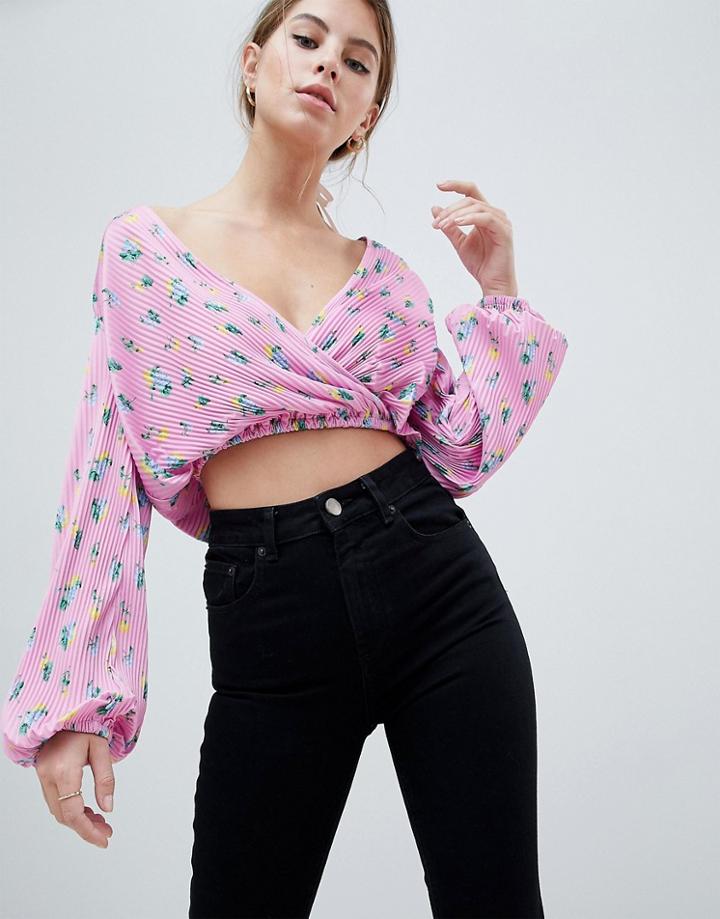 Asos Design Plisse Cropped Wrap Top In Pink Ditsy Print - Multi