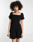 Topshop Recycled Blend Shirring Eyelet Trim Mini Dress In Black