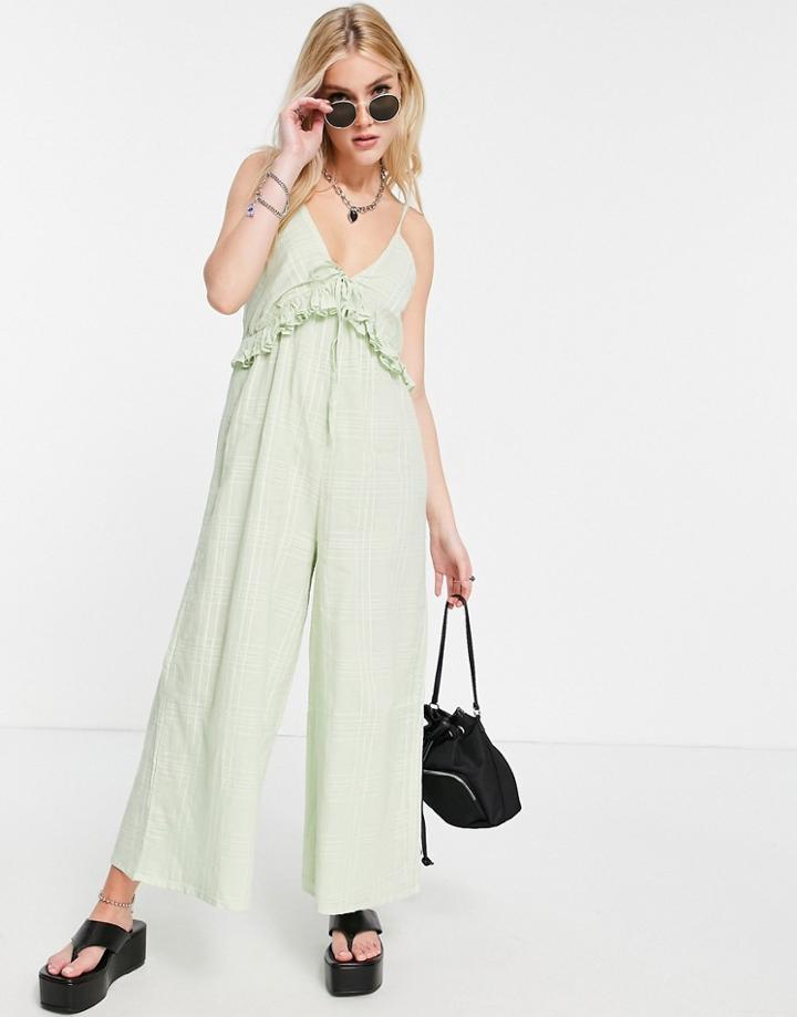 Asos Design V Neck Frill Tie Culotte Jumpsuit In Light Blue-blues