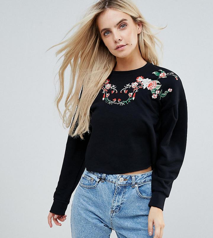 Miss Selfridge Petite Floral Printed Extreme Sleeve Sweat - Black